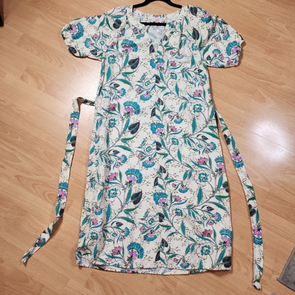 Ann Taylor Loft Linen Floral V-Neck Puff Sleeve Midi Dress Size MP Belted - Picture 11 of 16